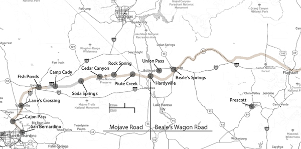 Map showing Beale's Wagon Road across western Arizona